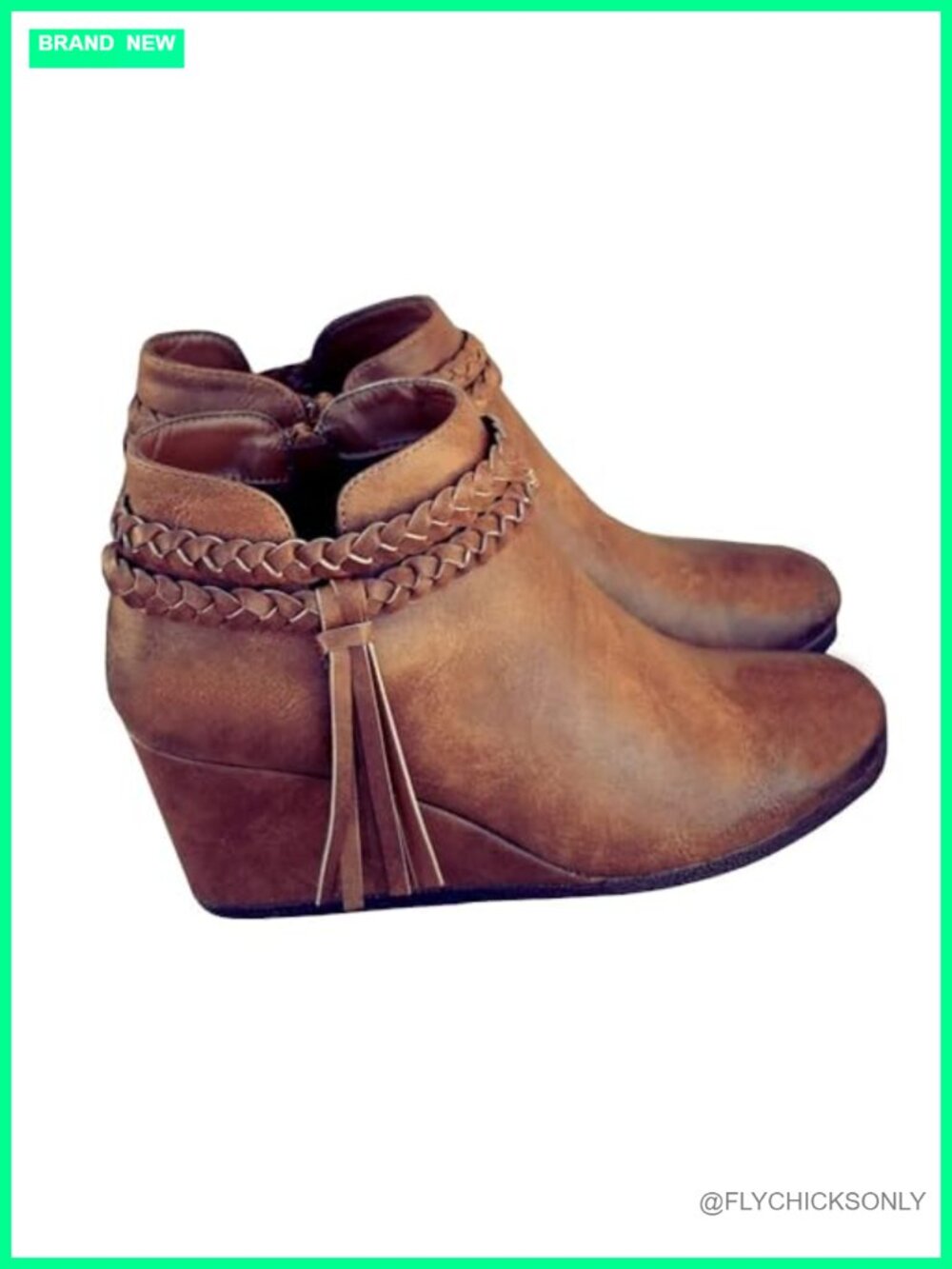 Faux Leather Wedge Ankle Boots Braided Fringe Western Heeled Booties